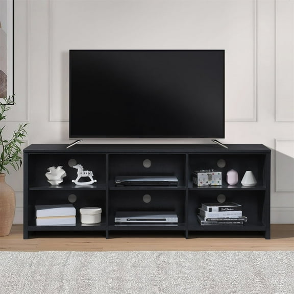 65 in. Wood Black Oak TV Stand with 6 Storage Shelves Fits TV's up to 62 in.