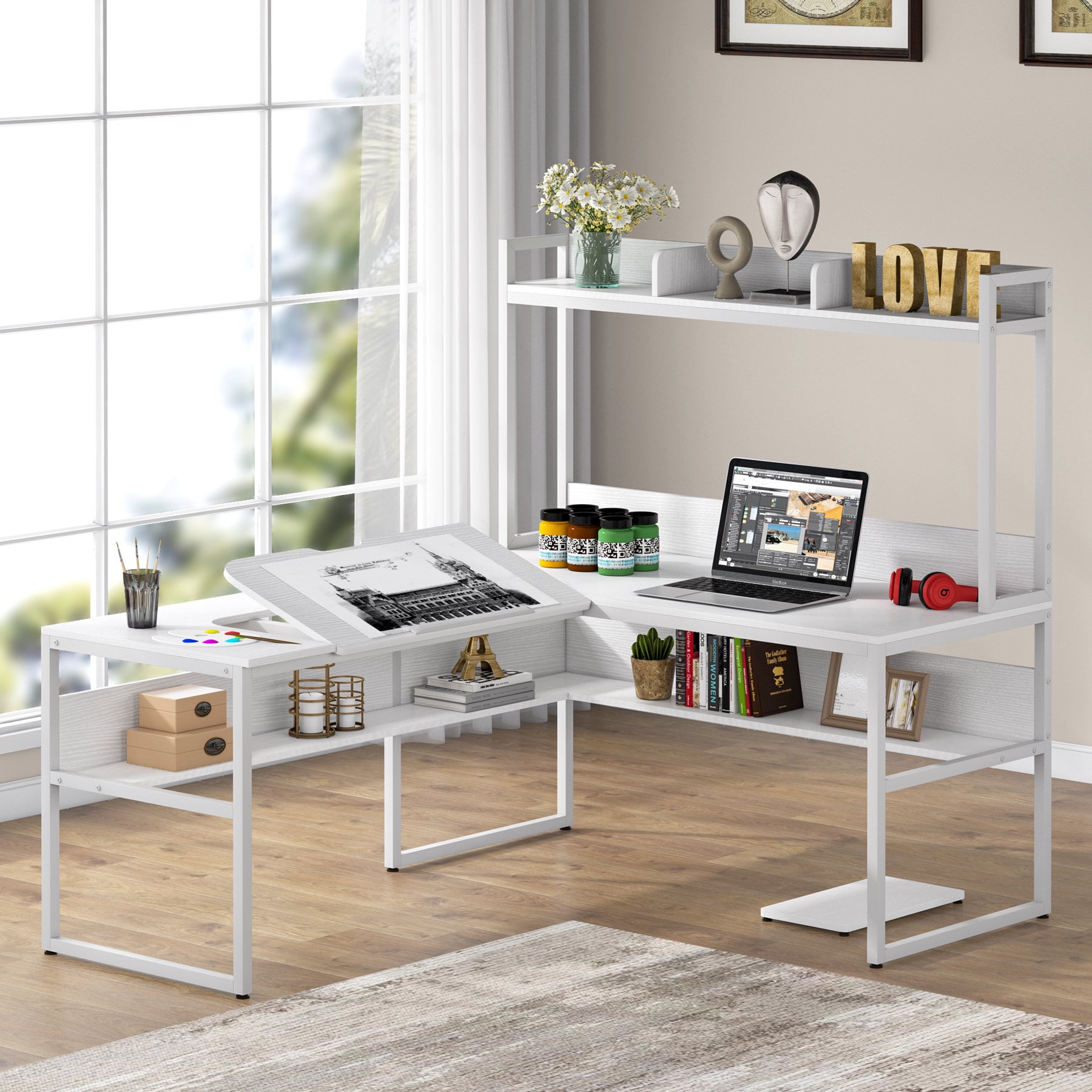 65 inch L Desk with Hutch L Shaped Computer Corner Desk with Storage Shelves and Tiltable Tabletop Study Writing Table for Home Office