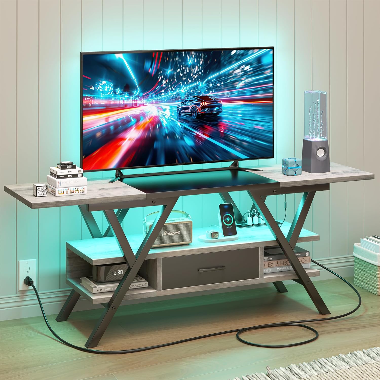 65 inch LED TV Stand, Entertainment Center Gaming TV Table with Outlets
