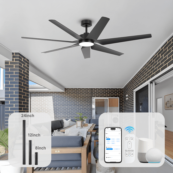 65 inch Outdoor Ceiling Fans for Patios with Light and Remote, Modern Black Industrial Ceiling Fan with Smart Alexa/App Control, Large Airflow Indoor Outside Garage Living Room Fan