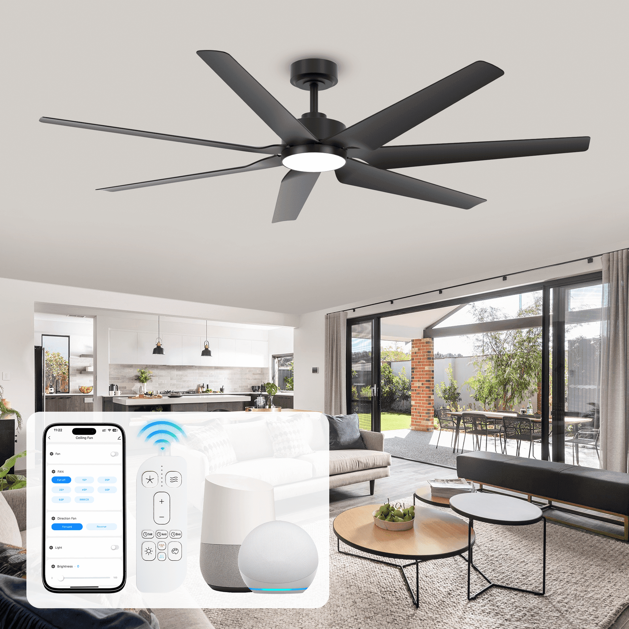 65 inch Black Outdoor Ceiling Fans for Patios Waterproof, Modern High CFM 7 Blades Large Airflow Quiet DC Motor Fan for Indoor Outside Porch Garage