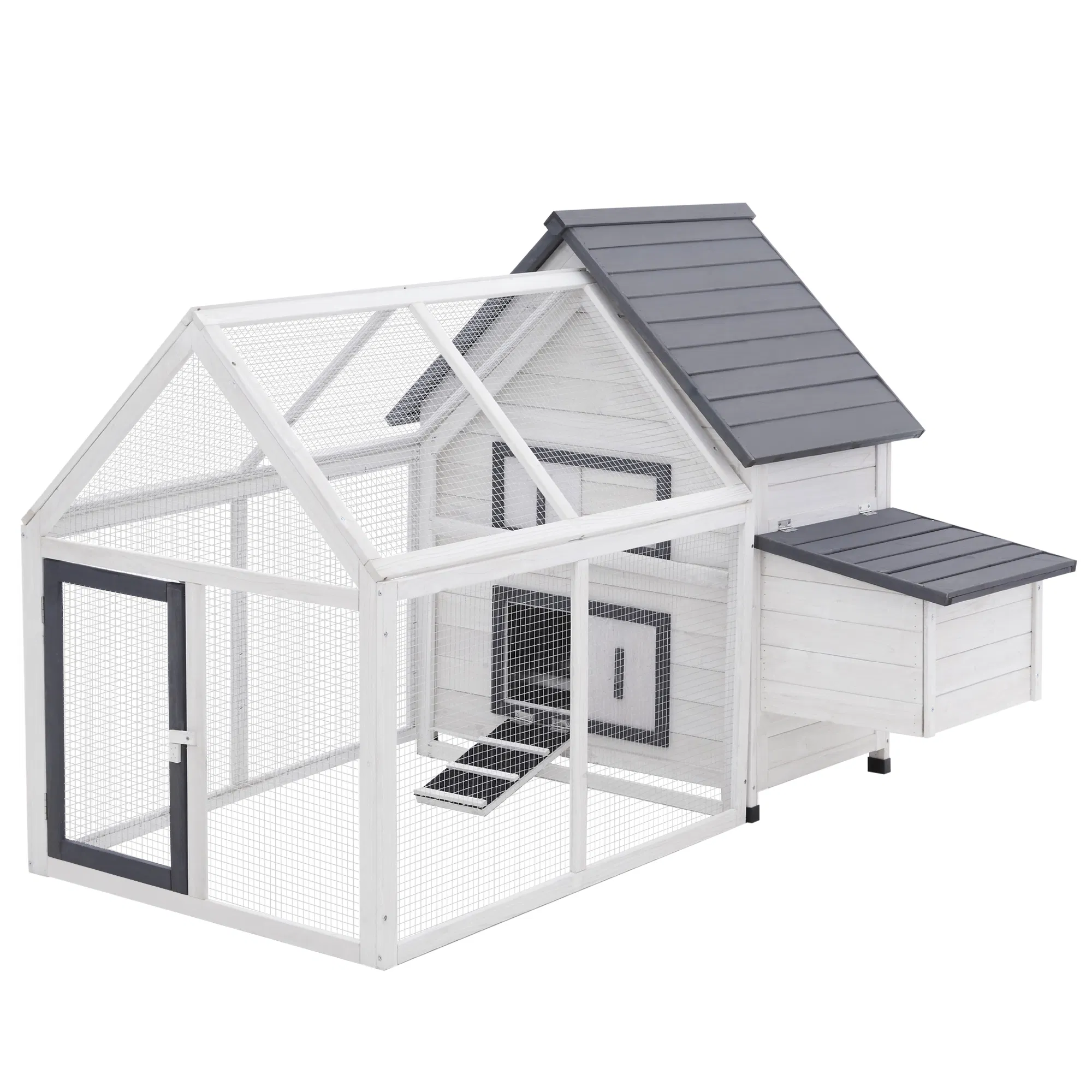 65-inch Wooden Chicken Coop Rabbit Hutch Poultry Cage with Nesting Box and Ramp for Backyard Garden-Grey and White Pet House