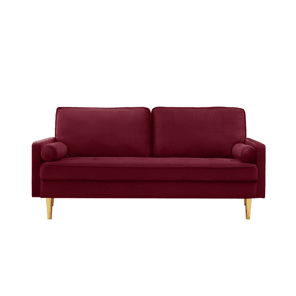 65-inch minimalist velvet sofa with metallic-coloured legs, complete with cushions, suitable for the living room or bedroom.