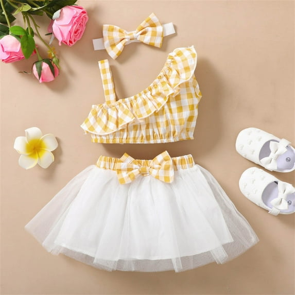 Up to 65% off kttectoa Outfits for Girl Gauze Skirt Set Grid Print Sleeveless Sun-Top Tank Top and Skirt with Bow 2 Pieces Outfits Baby Girl Clothes Baby Girl Outfits Clothes for Girls 3-3T