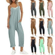 AOUJEA jumpsuits for Women Dressy 2024 Fashion and Casual Cold Shoulder Jumpsuit Solid Suspender Jumpsuits Wide Pocket Leg Pant Present for Women Up to 65% off