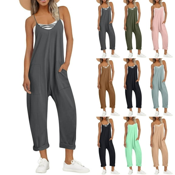 2025 Jumpsuits for Women Plus Size Fashion and Casual Solid Color Cold Shoulder Jumpsuit Solid Suspender Jumpsuits Wide Pocket Leg Pant