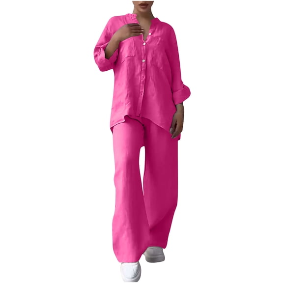Autumn 2 Piece Sets for Women Plus Size Solid Color Retro Classic Wersatile Casual Cotton Linen Shirt Drawstring Wide Leg Pants Set Long Sleeved Round Neck Top/Shirt Set