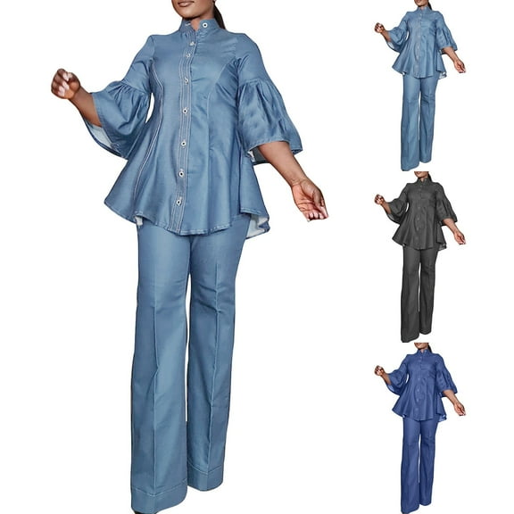 Autumn Two Piece Sets for Women Plus Size Two-piece New Solid Color Denim High-neck Buttoned Straight Pants Suit Long-sleeved Round Neck Top/shirt Suit