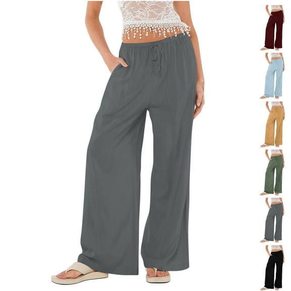 Up to 65% off!Casual Pants for Womens Fashion Plus Size High Waist Summer Casual Solid Color Linen Wide-legged Pants Bohemian Wind Beach Pants Drawstring Loose Pants Elastic Waist Casual Pants Pants