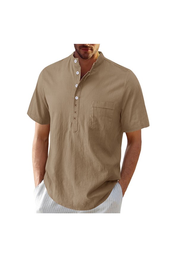 Men's Summer Tops Fashion Solid Standing Collar Cotton Linen Tunic Blouse Casual Button Short Sleeve Pocket Sports Shirts Khaki M