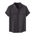 thumbnail image 1 of Dvprdro Mens Cotton Linen Casual Solid Shirts Button Lapel Neck Short Sleeve Pullover Shirts Work Tunic Blouse with Pockets Dark Gray 5XL, 1 of 5