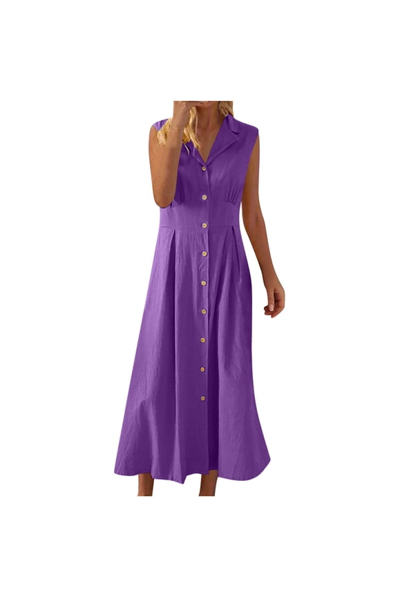 Womens Summer Cotton Linen Dress Fashion Solid Lapel Neck Sleeveless Pleated Flowy Button Down Casual Loose Beach Sun Maxi Long Shirt Dress