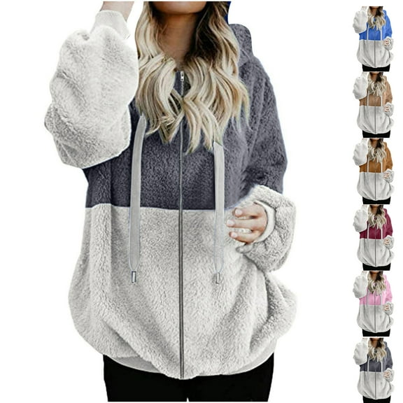 Fall and Winter Warm Fleece Coat for Womens Fashion Plus Size Loose Casual Solid Color Splicing Full Zipper With Pockets Hooded Plush Long Sleeved Jacket Top