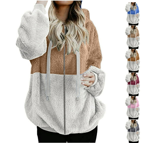 Fall and Winter Warm Fleece Coat for Womens Fashion Plus Size Loose Casual Solid Color Splicing Full Zipper With Pockets Hooded Plush Long Sleeved Jacket Top
