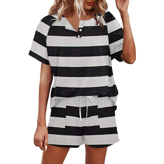 Fashion 2 Piece Sets for Women Summer Plus Size Sexy Casual Round Neck Button Short Sleeve T-Shirt Top Elastic Waist Tie Pocket Striped Print Shorts Outfit