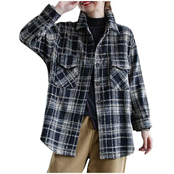 Fashion Plaid Botton Jackets for Womens 2024 Plus Size Plaid Brushed Double Pocket Single Breasted Shirt Long Sleeve Hoodless Casual Outwear & Jackets