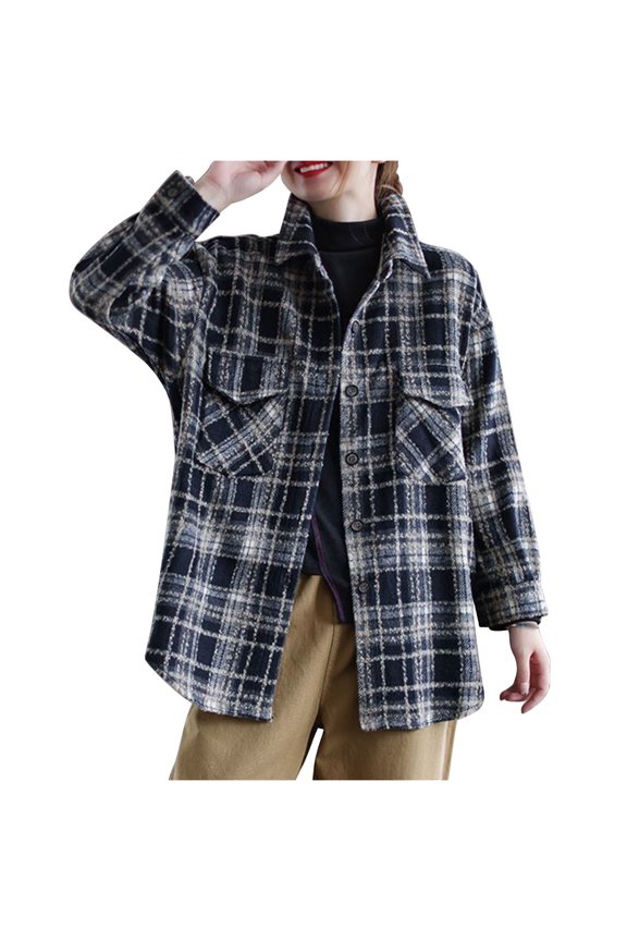 Fashion Plaid Botton Jackets for Womens 2024 Plus Size Plaid Brushed Double Pocket Single Breasted Shirt Long Sleeve Hoodless Casual Outwear & Jackets