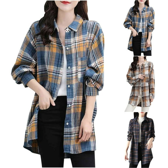 Fashion Winter Plaid Jackets for Womens Plus Size European Brushed Plaid Shirt Women's Long Sleeved Jacket Long Sleeved Hooded Casual Jacket