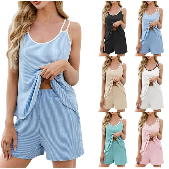 Fsshion 2 Piece of Sets for Womens Summer Plus Size Casual Spring And Summer New Color Contrast Round Neck Sleeveless Top Pocket Shorts Suits