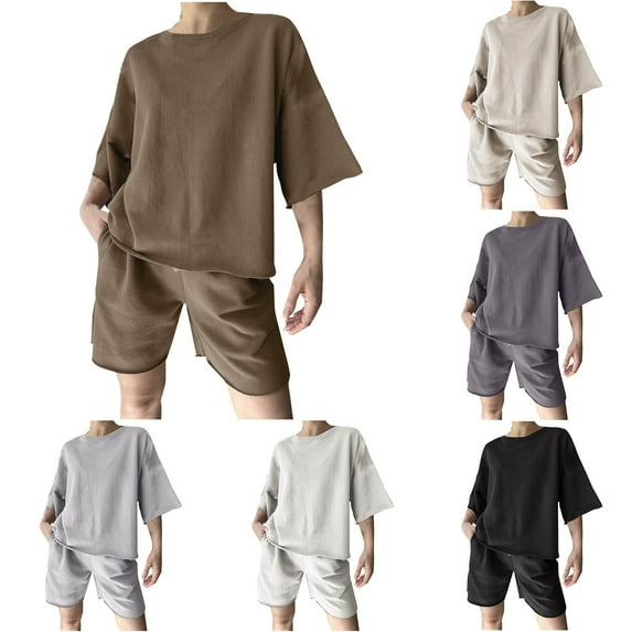 Fsshion 2 Piece of Sets for Womens Summer Plus Size Solid Color Casual Loose Fitting Drawstring Sports Hoodies Short Sleeve Round-Neck Blouses Sets