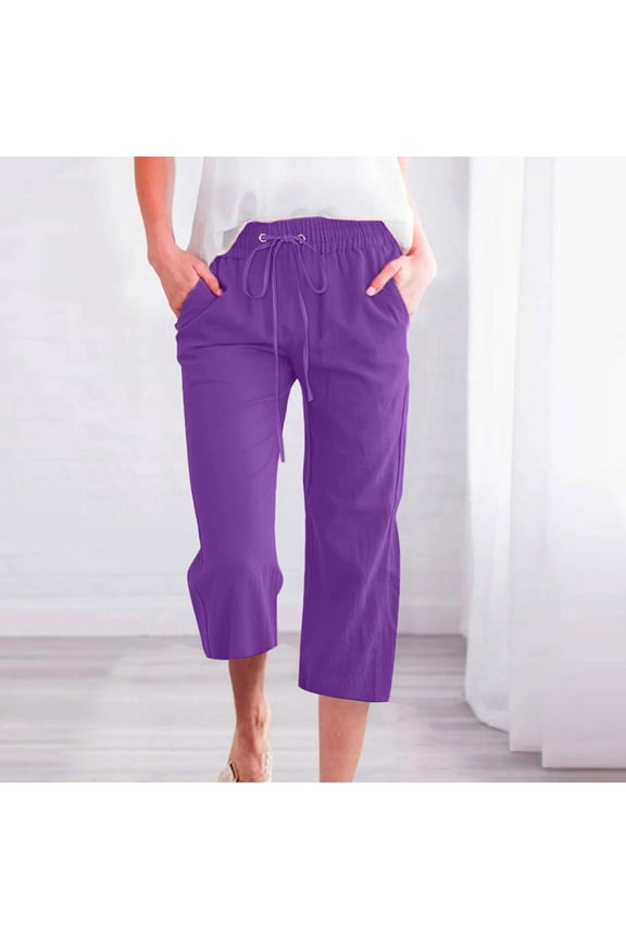 Up to 65% off! Linen Pants Women Summer Fashion Plus Size Casual Solid Color Elastic Loose Capris Straight Wide Leg High Waisted Pants With Pocket S-5XL