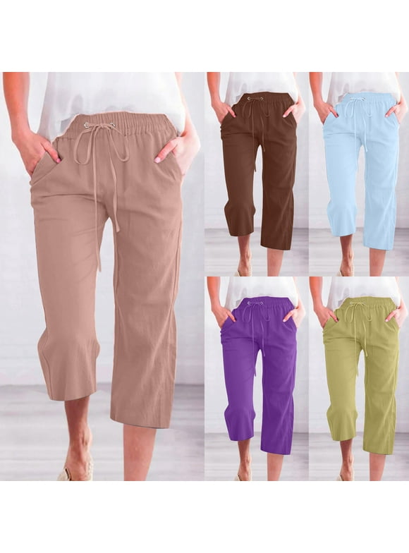 Up to 65% off! Linen Pants Women Summer Fashion Plus Size Casual Solid Color Elastic Loose Capris Straight Wide Leg High Waisted Pants With Pocket S-5XL