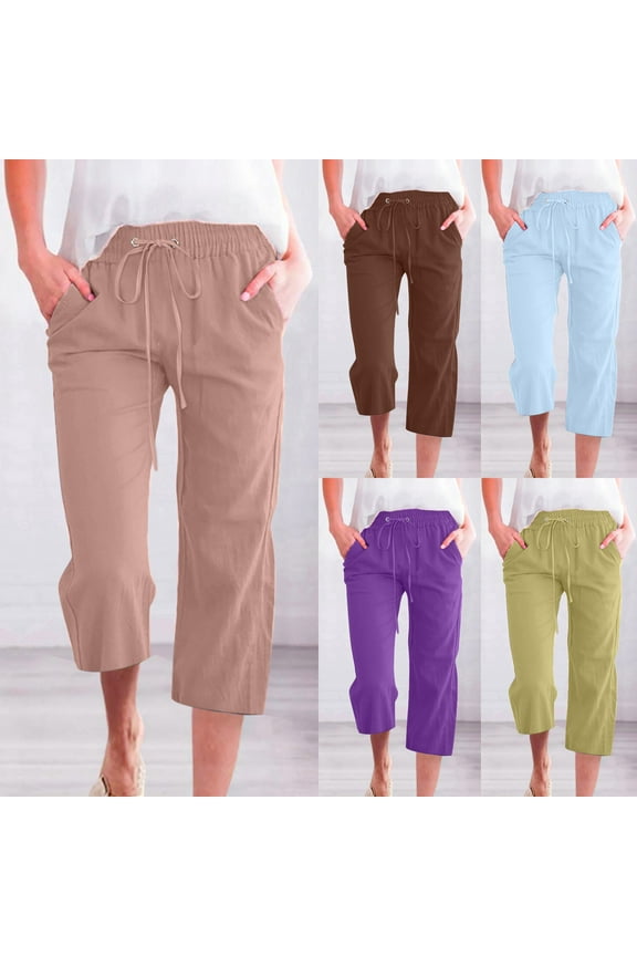 Up to 65% off! Linen Pants Women Summer Fashion Plus Size Casual Solid Color Elastic Loose Capris Straight Wide Leg High Waisted Pants With Pocket S-5XL