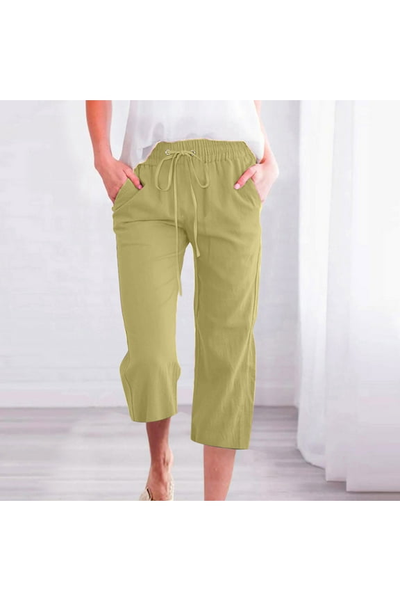 Up to 65% off! Linen Pants Women Summer Fashion Plus Size Casual Solid Color Elastic Loose Capris Straight Wide Leg High Waisted Pants With Pocket S-5XL