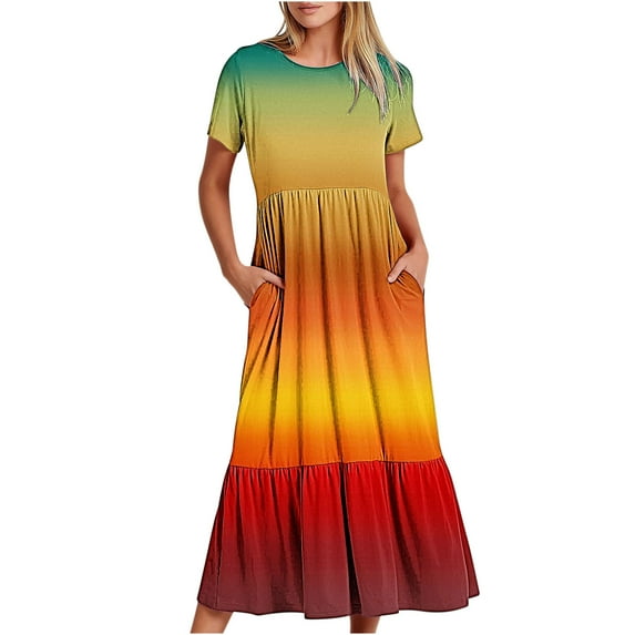 Up to 65% off!Summer Beach Dress for Women 2024 Plus Size Casual Short Sleeve Crewneck Dress Casual Flowy Tiered Maxi Beach Dress With Pockets Gradient Print Dress