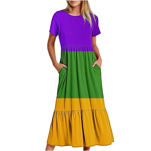 Up to 65% off!Summer Beach Dress for Women 2024 Plus Size Mardi Gras Printed Carnival Short Sleeve Crewneck Dress Casual Flowy Tiered Maxi Beach Dress With Pockets
