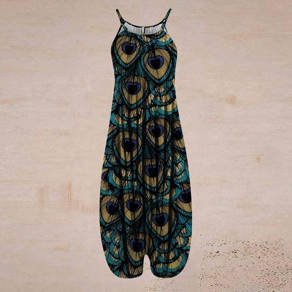 Up to 65% off!Summer Fashion Jumpsuits for Women Dressy Oversize Sleeveless Strap Retro Ethnic Printed Spaghetti High Waist Wide Leg Jumpsuit Rompers With Pocket