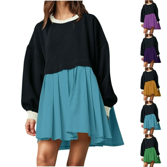 Summer Oversize Maxi Dresses for Womens 2025 Fashion Casual Over Sized Sweatshirt Long Sleeve Dress Round-Neck Ladies Patchwork Mini Dresses