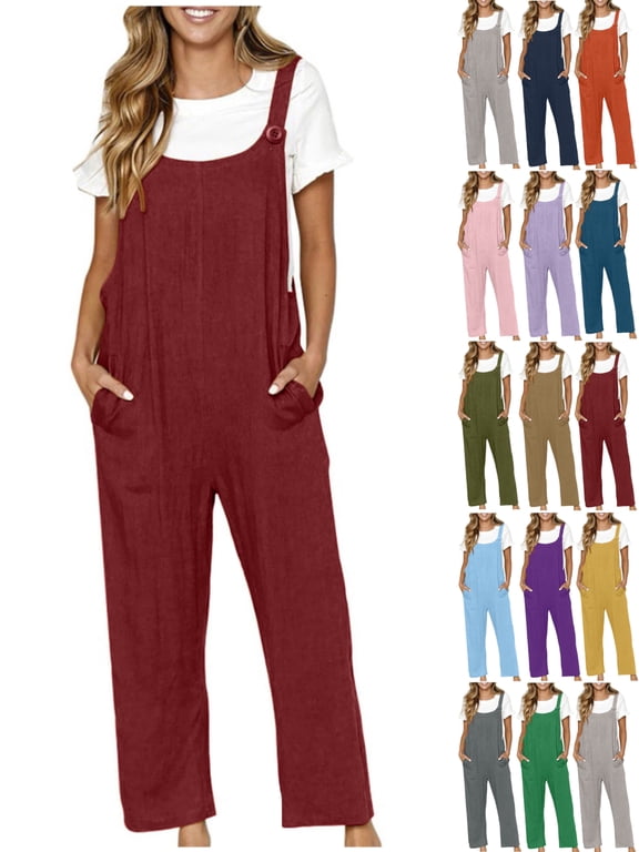 Summer Plus Size Jumpsuits for Women Tummy Control Fashion Casual Loose Baggy Pocket Jumpsuit Playsuit Trousers Overalls Cotton And Linen Jumpsuit