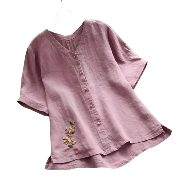 Summer Womens Tops 2025 Cotton and Linen Plus Size Spring Printed Casual Loose T-Shirt Short Sleeve V-Neck Embroidery Button Tops Cotton And Linen Blouse