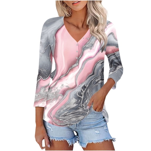 Up to 65% off! Womens' Fashion 3/4 Sleeve Plus Size Shirts Tops Spring And Summer Print Top Collar Button Sexy Shirt 3/4 Sleeve Long Sleeve V Neck Top/Shirt