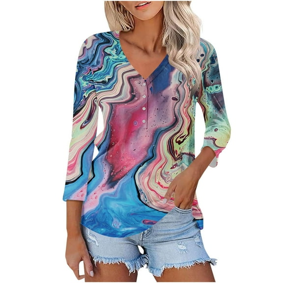 Up to 65% off! Womens' Fashion 3/4 Sleeve Plus Size Shirts Tops Spring And Summer Print Top Collar Button Sexy Shirt 3/4 Sleeve Long Sleeve V Neck Top/Shirt