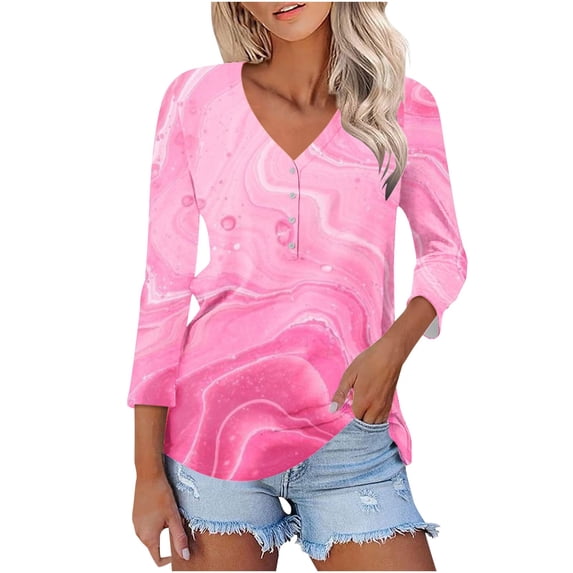 Up to 65% off! Womens' Fashion 3/4 Sleeve Plus Size Shirts Tops Spring And Summer Print Top Collar Button Sexy Shirt 3/4 Sleeve Long Sleeve V Neck Top/Shirt