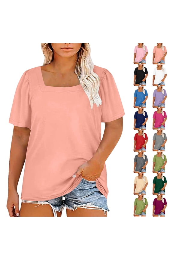 Womens Summer Tops Plus Size Solid Color T-Shirt Summer Casual Loose Women's Trendy Short Sleeves Squared Neck Pullover Lightweight Blouse Tops XL-5XL