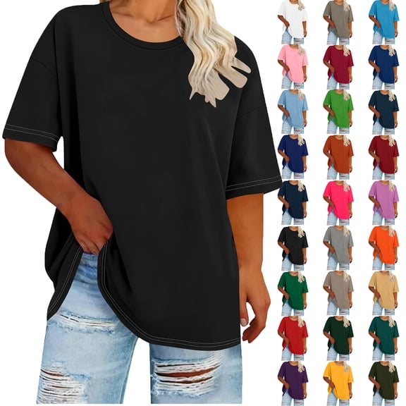 Womens Plus Size Summer Tops Solid Color Oversized T-shirt Fashion Loose Short Sleeves Blouse Crew Neck Casual Tops XL-5XL