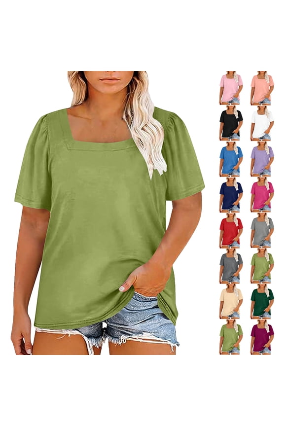 Womens Summer Tops Plus Size Solid Color T-Shirt Summer Casual Loose Women's Trendy Short Sleeves Squared Neck Pullover Lightweight Blouse Tops XL-5XL