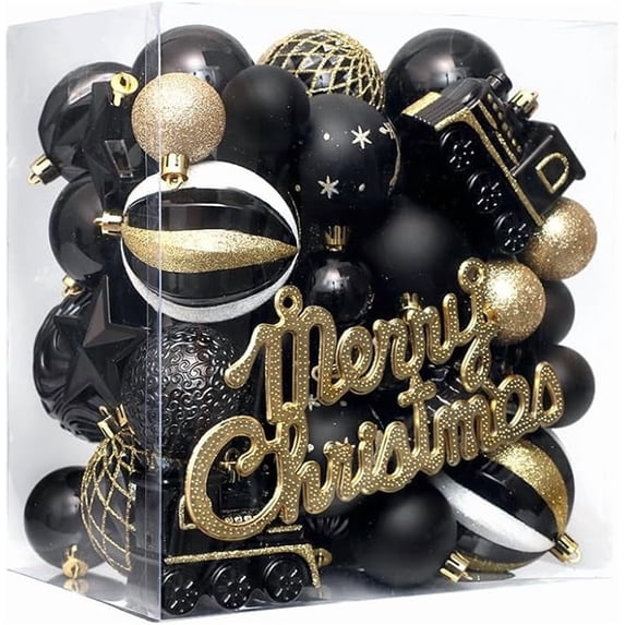 65 pcs Christmas Balls Ornaments Set, Shatterproof Christmas Decorations with Hand-held Gift Package for Xmas Tree/Holiday/Wedding/Holiday/Party Decor (Black & Gold)