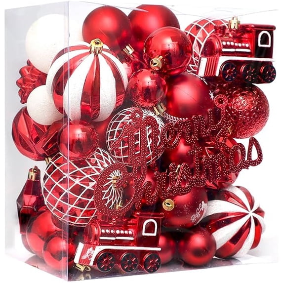 65 pcs Christmas Balls Ornaments Set, Shatterproof Christmas Decorations with Hand-held Gift Package for Xmas Tree/Holiday/Wedding/Holiday/Party Decor (Red)