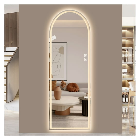 65" x 21" Arch Design LED Full Length Mirror ,Dimmable, High Definition & Explosion-Proof, Full-Length Standing or Wall-Mounted - Brightly Lit for Makeup, Studio, and More Silver + Modern + Glass