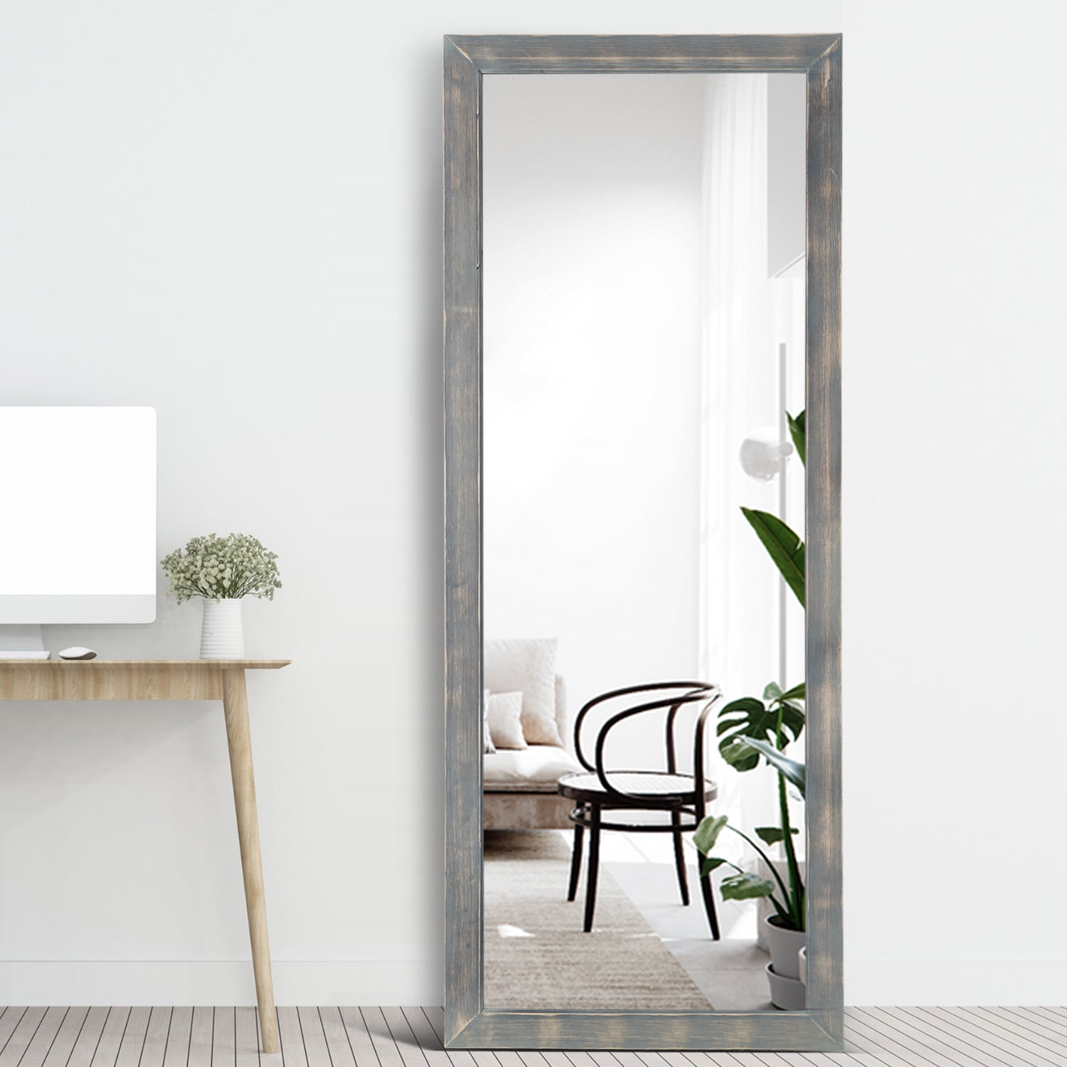 65" x 22" Solid Wood Full Length Mirror with Standing Holder Floor Mirror,Grey