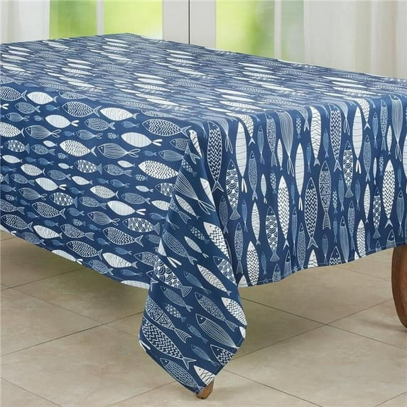 65 x 84 in. Fish Design Tablecloth, Navy Blue