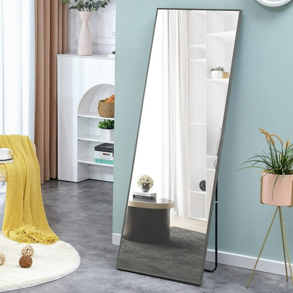 65''x23''Square Shaped Full Length Mirror, Full Body Floor Mirror Standing Hanging or Leaning Wall, Arch Wall Mirror with Stand Metal Support for Bedroom Cloakroom, Gray