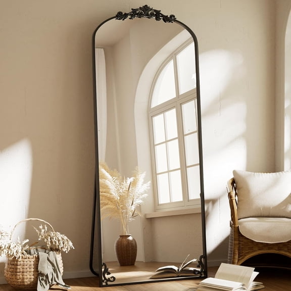 65"x24" Arch Mirror Full Length, Traditional Vintage Ornate Baroque Mirror with Bottom Corner Pattern, Hanging or Leaning for Entryway/Bathroom/Fireplace/Bathroom, Black