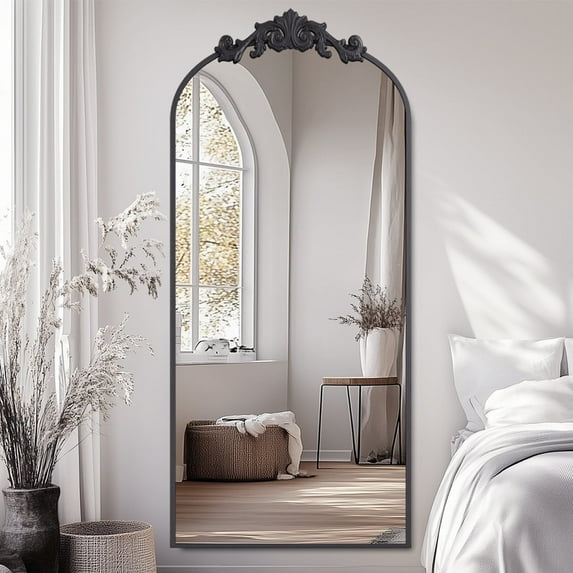 Antok 65"x24" Vintage Arched Full-Length Mirror with Carved Metal Frame, Baroque-Style Floor Mirror for Living Room, Bedroom, Entryway or Hallway Decor, Black
