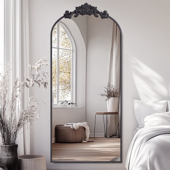 Antok 65"x24" Vintage Arched Full-Length Mirror with Carved Metal Frame, Baroque-Style Floor Mirror for Living Room, Bedroom, Entryway or Hallway Decor, Black