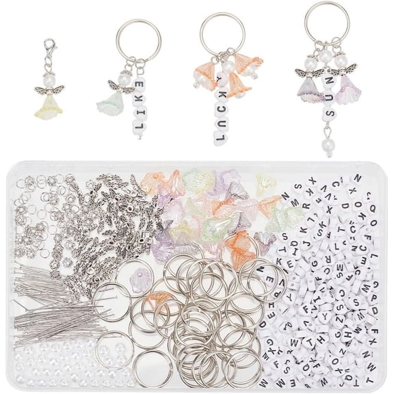 650 Pcs Guardian Angel DIY Beads Set Including Stainless Steel Open Jump Rings Flat Head Pins Alloy Fairy Wing Beads for Car Mirror Handbag Keys Purse Phone Decor Craft
